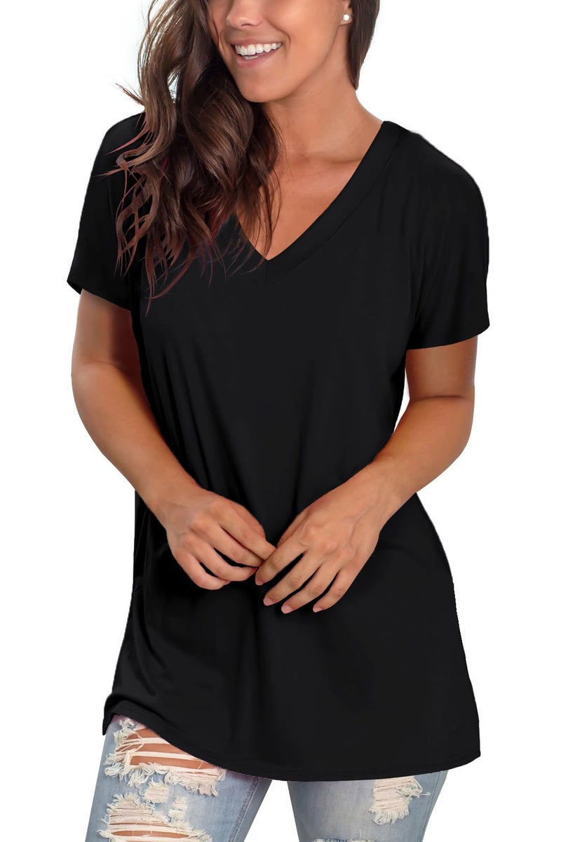 Sipaya Womens T Shirts Spring V-Neck Tee Loose Fitting Short Sleeve Tops for Juniors Lightweight Tops & Blouses Black S - Image 3